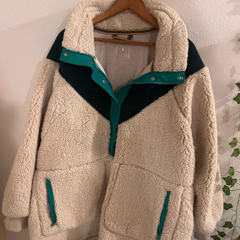 Free People Cream and Teal Sherpa Jacket